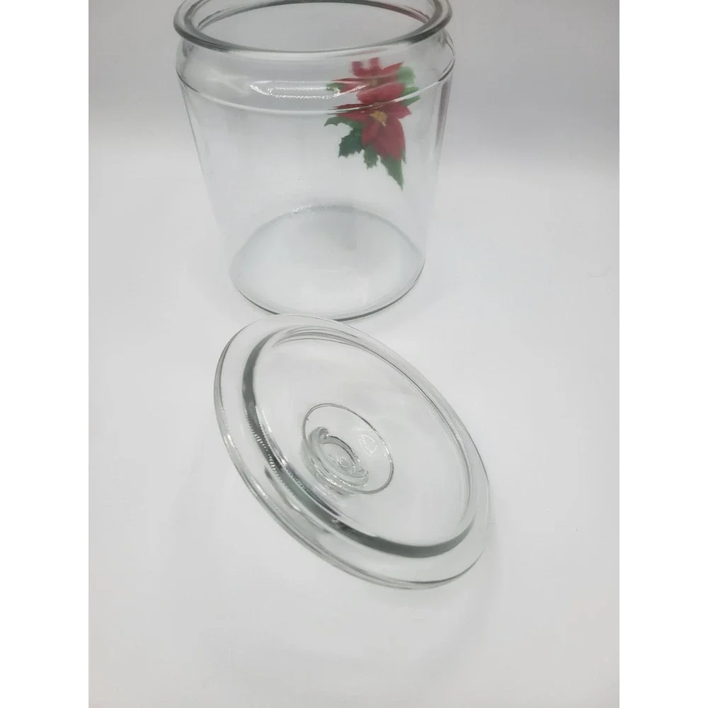 Clear Glass Christmas Poinsettia Canister Jar with Lid Holiday Storage 7in